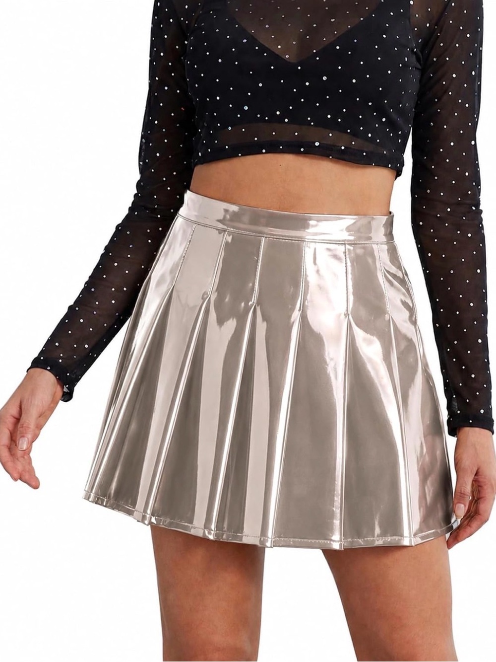 Womens Patent Faux Leather High Waist A-Line Pleated Mini Skirt